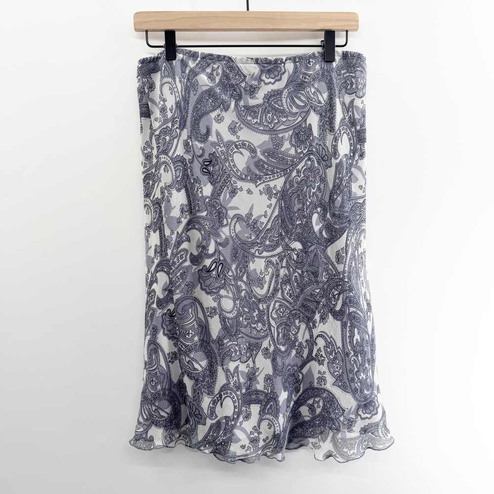 Vintage 90s Silk Midi Skirt in Gray Paisley Print Size Large Whimsygoth Fairy